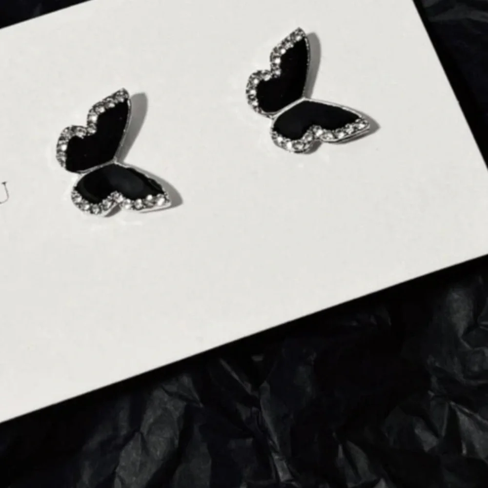 Black Cubic Zirconia Butterfly Stud Earrings, Black Butterfly Earrings